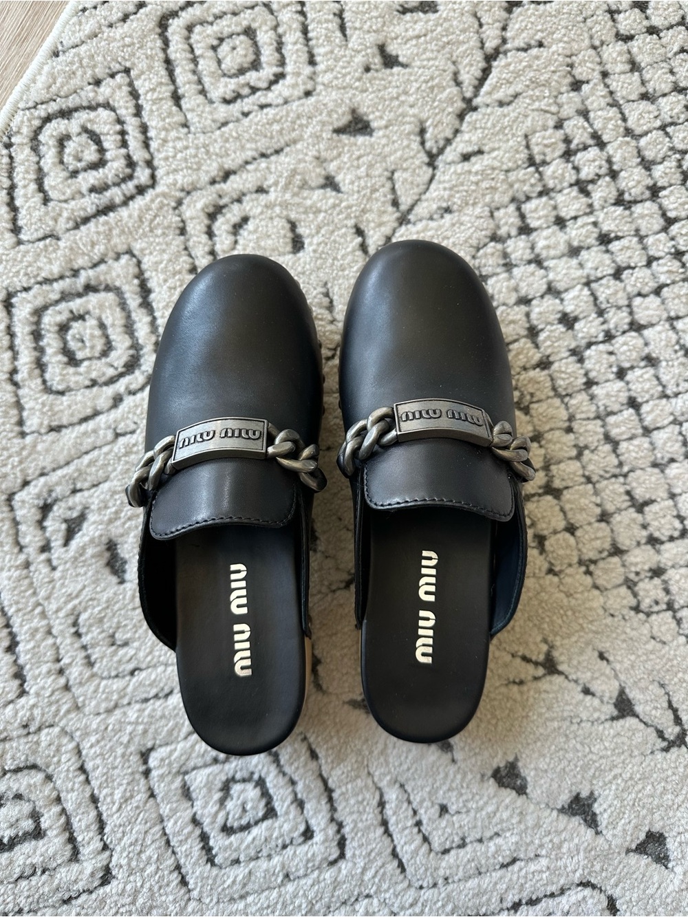 Miu Miu Black Leather Studded Wood-Platform Clog Mules